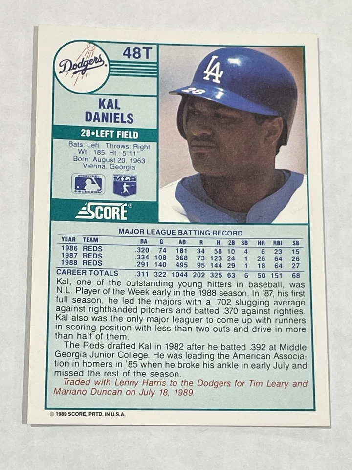 1989 Score Rookie & Traded Baseball #48T - Kal Daniels - Los Angeles Dodgers - Image 2 of 2