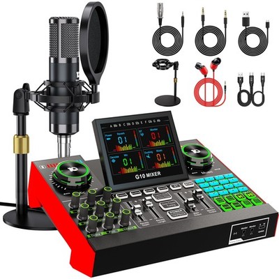 Podcast Microphone Bundle with Live Sound Board Audio Mixer, Black+Red