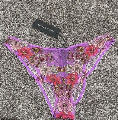 Savage X Fenty Floral Embroidered Mesh cheeky Panties Purple 14-16