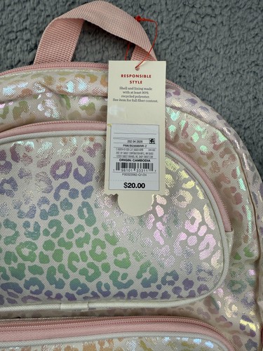 Zaino Cat & Jack bambina giovane piccolo rosa iridescente arcobaleno stampa leopardata nuovo - Foto 6 di 7
