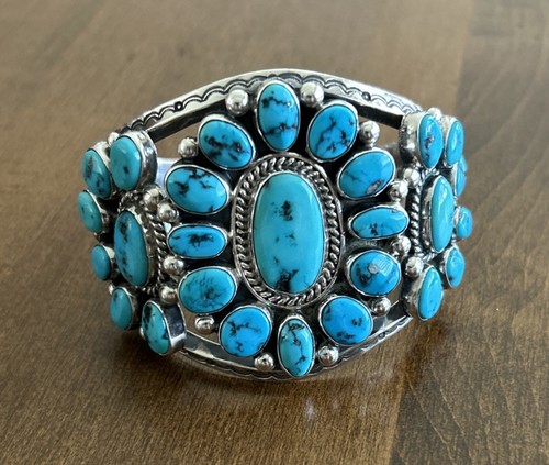 Vintage Indianer Navajo Türkis Cluster Sterling Armband Manschette signiert