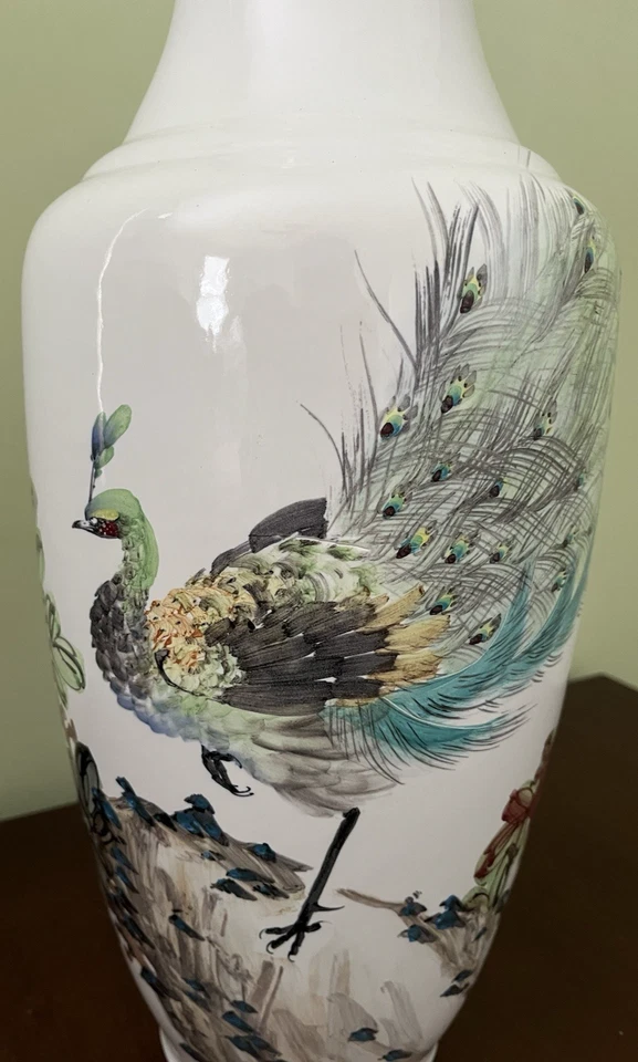 Jarrón grande de cerámica japonés pintado a mano pavo real real en exhibición completa-18"Tx24"C Foto 4 de 4