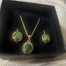 Gold Plated Green Stone Oval Jewelry Set Necklace Earrings