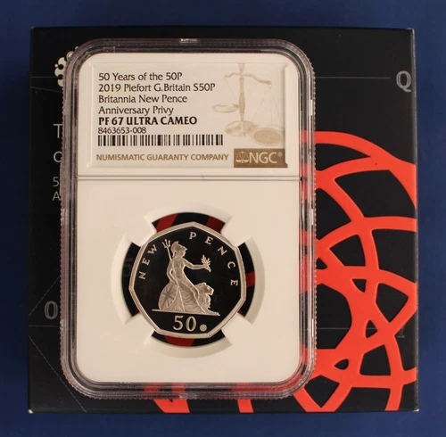2019 Silver Piedfort Proof 50p coin "50 Years of 50p" NGC PF67 with Case & COA