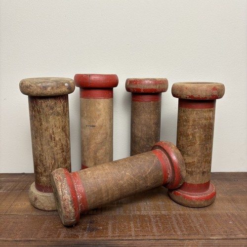 5x Rustic Wooden Bobbins - Vintage Wooden Spools - Set Of 5 Wooden Bobbins - Picture 1 of 12