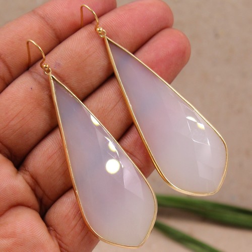 Solid 925 Sterling Silver Gold Plated Jewelry Chalcedony Gemstone Dangle Earring - Picture 3 of 39