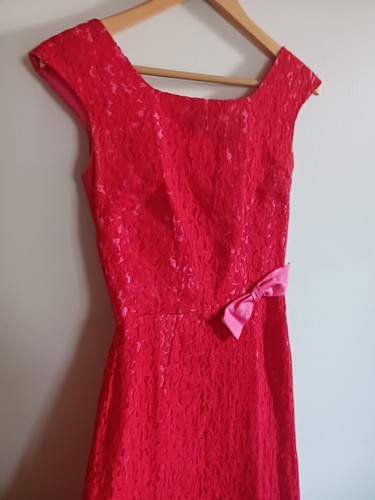 VTG Red Lace Long Formal Dress 60s Gown Pink Lining Valentine Holiday Beautiful! - Picture 4 of 11