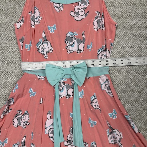 Sourpuss Halter Dress Girls Jr Sz L Cat 50’s Retro Fit Flare Pink Aqua Bow Kitty - Picture 6 of 11