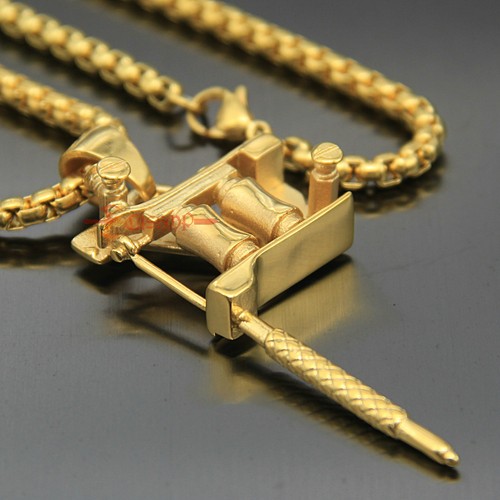 Steampunk Tattoo Gun Machine Necklace Pendant Men Biker Rocker Charm Gold Plated - Picture 11 of 15