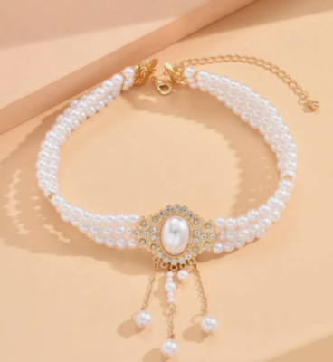 ★PEARLY MORE★ Pearl Point Choker Necklace Multi Strand Pearl Choker, Wedding Pearl Necklace, Wide