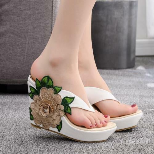 Women Platform Beach Flowers High Heels Wedge Slippers Sandals Shoe Flip Flops - Picture 1 of 20