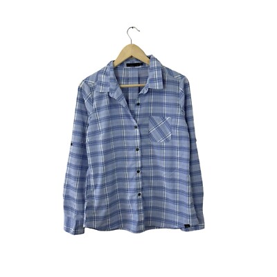 PrAna Medium Button Up Shirt Blue Plaid Roll Tabs Long Sleeve Travel Womens