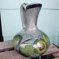 Hand Painted Mexican Tonala Pottery Pitcher Jug Folk Art floral decor 7" tall