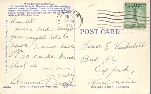 Postal Aerial View Will Rogers Memorial Cheyenne Mt Colorado Springs 1942 - Imagen 2 de 2