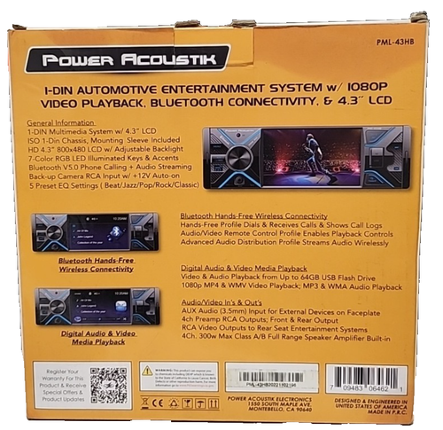 Pow Acoustik PML-43HB 1 DIN MICRO SD USB AUX MP3 Media Receiver Player Bluetooth - Picture 2 of 3