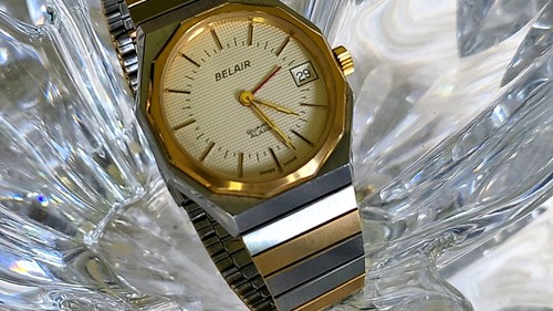 Seltene BELAIR Quartz Alarm Swiss 7Jewels Bicolor Datum Herrenuhr (Z15) - Bild 4 von 12