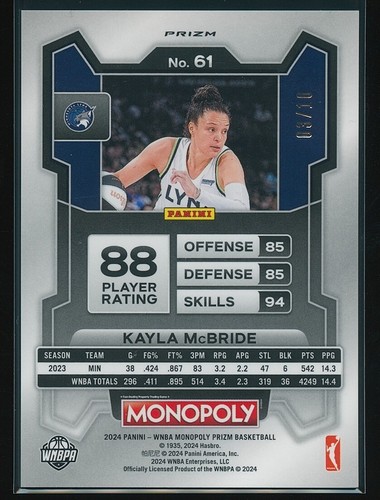 Kayla McBride 2024 Panini Prizm Monopoly WNBA Neon Green Prizm #61/10 - Foto 2 di 2