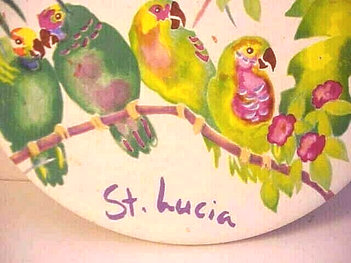 St. Lucia Round Ceramic Plaque or Hot Plate Featuring Colorful Birds on Branch - Picture 3 of 7
