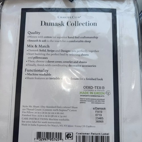 Charter Club Damask Mr" Cotton 20" x 28" Sham, White, NWT - Picture 3 of 3