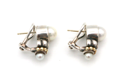 Lagos Caviar Sterling Silver & 18K 750 Gold Pearl Omega Back Stud Earrings 10.3g - Picture 9 of 12