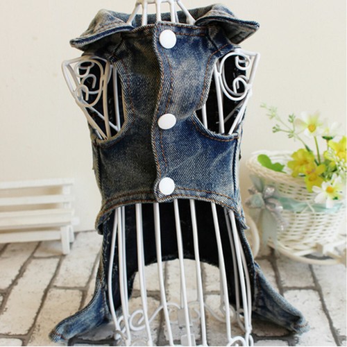 Retro Casual Dog Jumpsuit Clothes Sleeveless Denim Jacket Puppy Cat Coat Costume - Picture 3 of 6