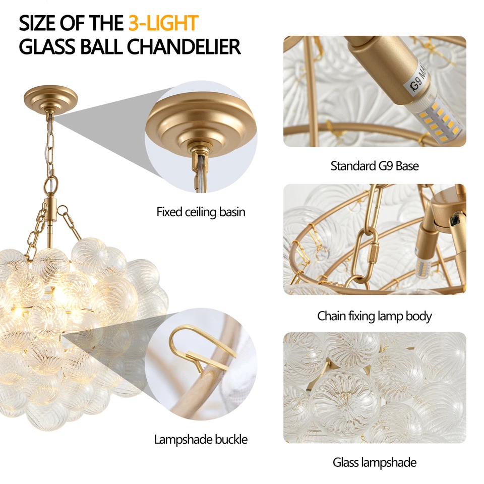 23'' Gold Pendant Ribbed Glass Ceiling Chandelier Light Kitchen Bedroom Fixture - Image 4 of 4