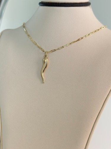14k Solid Gold Italian Horn Pendant, Cornicello, Cornetto Charm Necklace Yellow - Picture 14 of 28