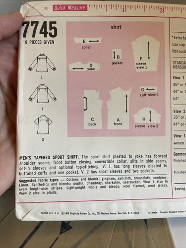 Simplicity 7745 Men's Tapered Sport Shirt w Long or Short Sleeves Sz 17 Chest 46 - Picture 3 of 8