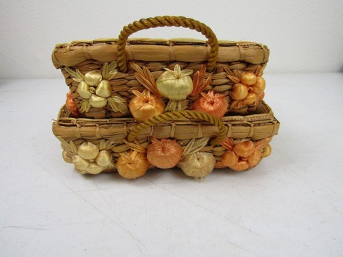 Vintage Casserole Holders Wicker Raffia Pyrex Carrier Lined Basket Fruit Nesting - Picture 5 of 7