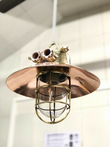 MV Bond Ship Reclaimed Brass Bulkhead Hanging Light with Copper Shade Lot of 2 - Picture 2 of 8