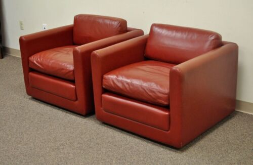 Mid Century Modern Red Leather Cube Club Lounge Chairs on Casters - a Pair - Picture 2 of 12