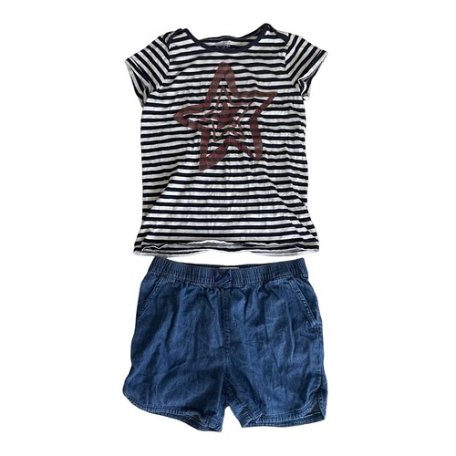 OshKosh Black White Striped Star T- Shirt Blue Jeans Place Shorts Set Girls 12
