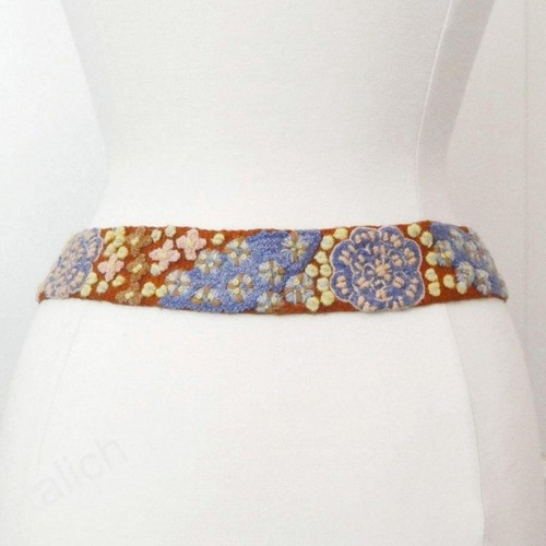 New Jenny Krauss Blue Floral Embroidered Brown Wool Belt Handmade Peru S M L - Picture 3 of 12