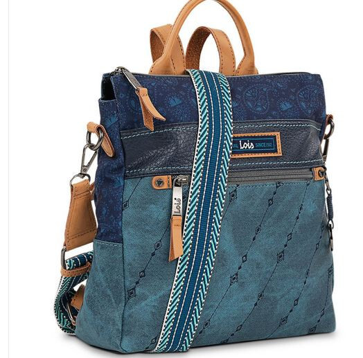 mochila con sistema antirobo bolsillos trasero e interior marca Lois vaquero