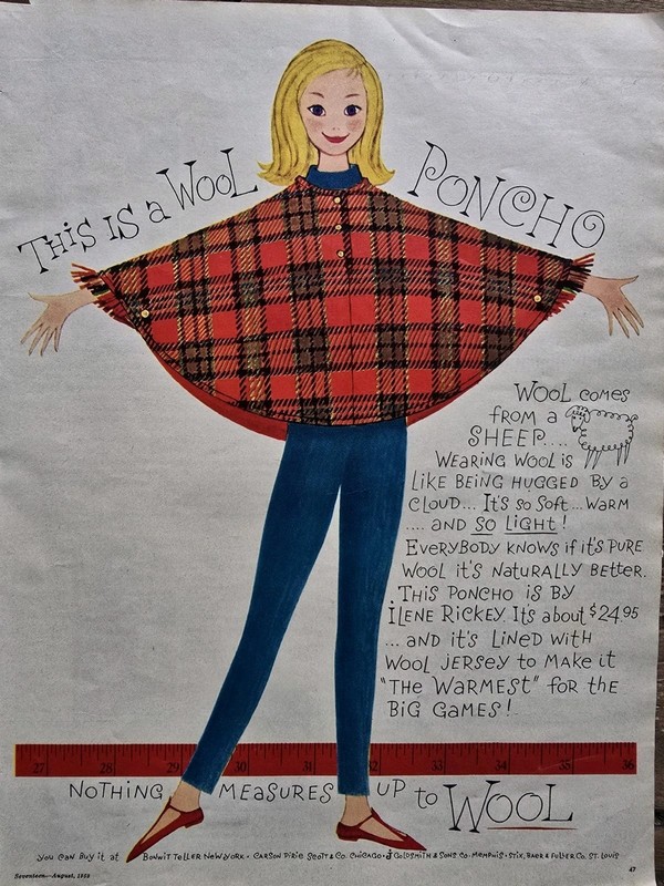 1959 Women's This is a wool Poncho Tape measure Vintage fashion art Ad 