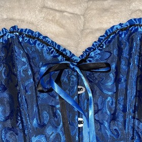 Blue/Black Brocade Ruffled Lace up Corset Bustier