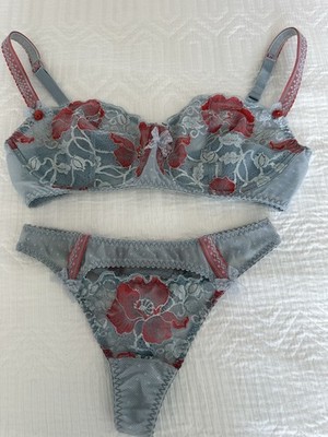 Aubade Balconette Bra Set Light Blue Red Floral Lace 32F Adjustable Strap