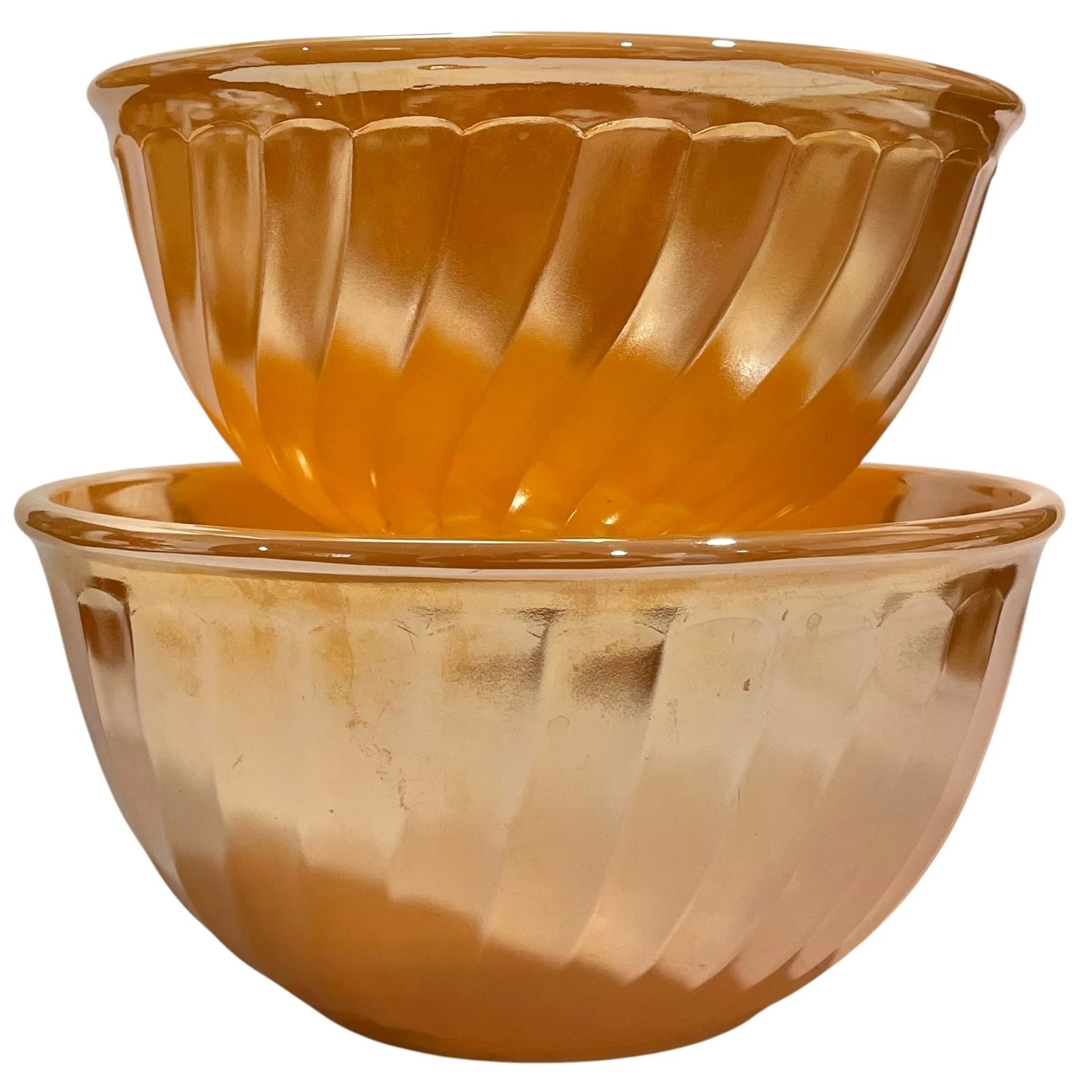 Vintage 1950s Fire King Peach Luster Swirl Mixing Bowls Set (2) Made in USA
