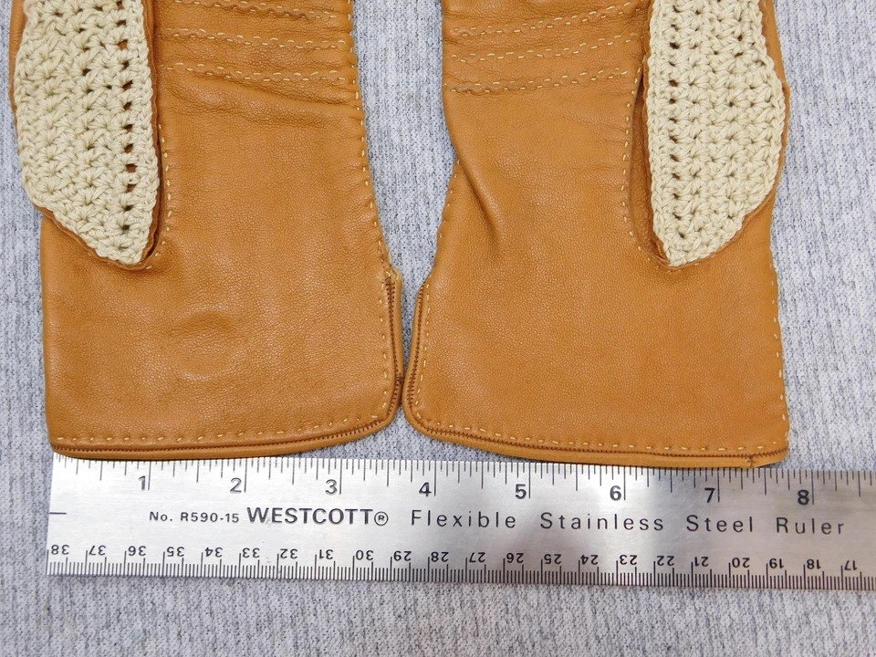 Guantes de cuero de ganchillo vintage para mujer marrón tostado medio marfil clásicos de conducción años 70 Foto 3 de 4