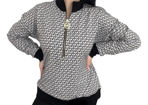 Michael Kors Damen Shirt Top Medium Schwarz Weiß Monogramm Print 1/2 Zip Neu mit Etikett