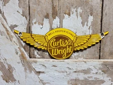 VINTAGE CURTISS WRIGHT PORCELAIN SIGN OLD AEROPLANE MOTOR CO. AIRPLANE DIECUT