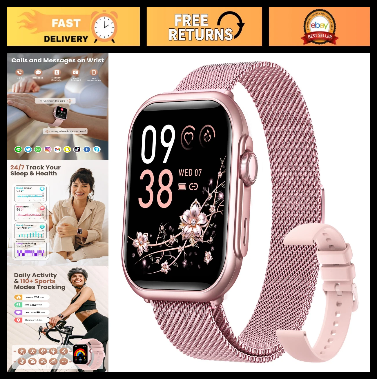 1.83" HD Smart Watch for Women - Fitness Tracker, Heart Rate Monitor, Calls & No