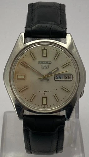 Vintage Seiko5 White Dial "Date/Day" 7009 Automatic Working Watch Leather Strap