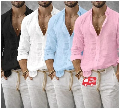 Camisa de lino y algodón para hombre camisa de manga larga Color sólido, estilo