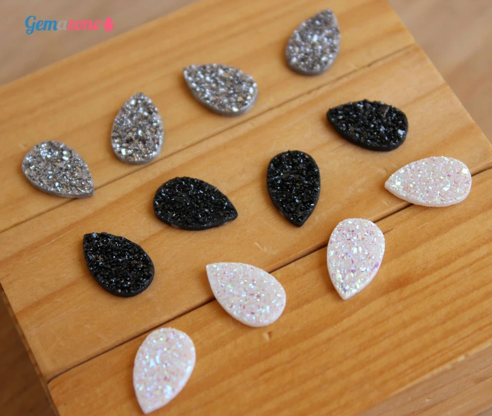 Natural Druzy Pear Cabochons Faux Drusy Silver Black White Loose Gemstone 2PCS - Image 3 of 4