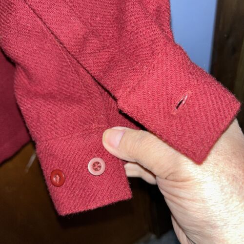 VTG 90s Cabelas Mens 2 X Leather Collar Wool Button Shirt Jacket Shacket Red - Picture 3 of 4