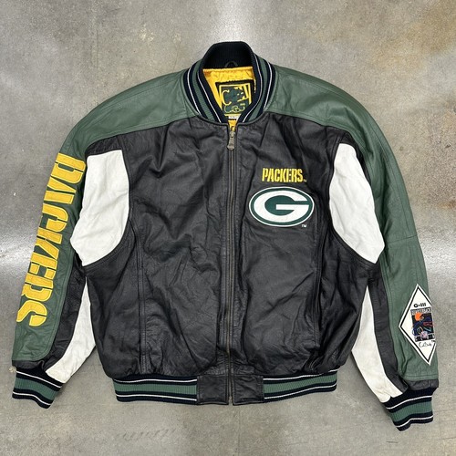 Bomber Vintage En Cuir G-III Carl Banks Packers - Taille XL, Occasion, Couleurs Noir Vert Jaune