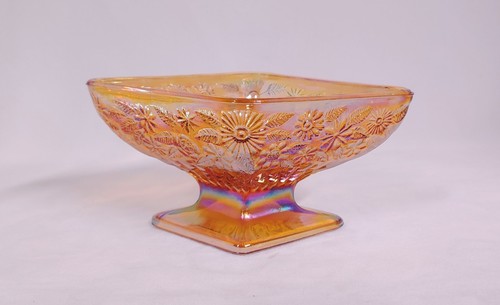 Vintage Indiana Amber Carnival Glass Pedestal Diamond Shaped Bowl Candy Dish