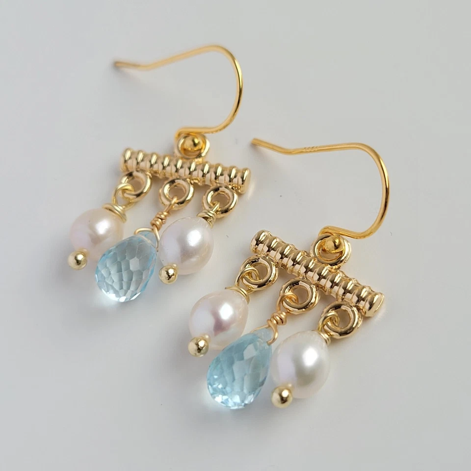boucles d'oreilles argent pierre précieuse topaze bleue perle de culture #1440 - Photo 1/4