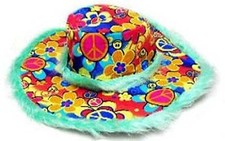 FUZZY GREEN PEACE SIGN WIDE BRIM HAT hippie party hats mens ladies head wear cap